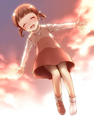 Rule 34 | 1girl, atlus, blush, brown hair, child, doujima nanako, dress, closed eyes, highres, open mouth, outstretched arms, persona, persona 4, short hair, single shoe, smile, socks, solo, spread arms, suzaka shina, twintails