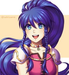 Rule 34 | 1girl, :d, adricarra, armor, blue eyes, blue hair, braid, collarbone, female focus, fire emblem, fire emblem: the sacred stones, fire emblem heroes, hair between eyes, highres, jewelry, lace-up top, long hair, neck, necklace, nintendo, open mouth, pauldrons, ponytail, round teeth, shoulder armor, side braid, smile, solo, tan background, tana (fire emblem), teeth, twin braids, twitter username, two-tone background, upper body, white background