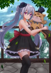 Rule 34 | 1girl, bare arms, bare shoulders, black dress, black hat, black thighhighs, blue sky, blurry, blurry background, blush, bow, closed mouth, collarbone, commentary, day, depth of field, dress, fingernails, frilled dress, frills, granblue fantasy, hat, head tilt, highres, hugging object, kazenokaze, long hair, looking at viewer, mini hat, mountain, orchis, outdoors, railing, red bow, silver hair, sky, sleeveless, sleeveless dress, solo, thighhighs, tilted headwear, top hat, twintails, very long hair