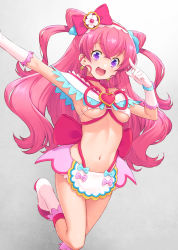 Rule 34 | 1girl, :d, absurdres, adapted costume, armpits, boots, bow, breasts, brooch, cure precious, delicious party precure, earrings, gloves, gradient background, grey background, hair bow, heart, heart brooch, highres, jewelry, kazuma muramasa, long hair, looking at viewer, magical girl, medium breasts, nagomi yui, navel, open mouth, pink bow, pink hair, precure, purple eyes, smile, solo, standing, standing on one leg, thighs, underboob, white footwear, white gloves