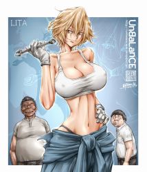 Rule 34 | 1girl, 2boys, artist name, bare shoulders, belt, blonde hair, blush, breasts, brown eyes, character name, cleavage, collared shirt, dated, covered erect nipples, gloves, hand on own hip, highres, large breasts, lita (unbalance), multiple boys, original, shirt, short hair, smile, thong, unbalance, white gloves, wrench