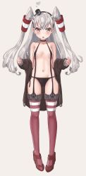 Rule 34 | 10s, 1girl, amatsukaze (kancolle), black panties, brown eyes, garter straps, highres, kantai collection, kz (kazuma-rising), lingerie, long hair, panties, personification, side-tie panties, silver hair, simple background, solo, thighhighs, twintails, two side up, underwear