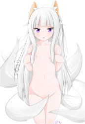 Rule 34 | 1girl, absurdres, animal ears, artist name, blunt bangs, blush, breasts, collarbone, covering privates, covering breasts, cowboy shot, fox ears, fox tail, highres, long hair, looking at viewer, mitsuki (p&amp;d), multiple tails, navel, no headwear, nude, open mouth, purple eyes, puzzle &amp; dragons, simizu makoto, simple background, small breasts, solo, tail, tail censor, thigh gap, tongue, tongue out, very long hair, white background, white hair