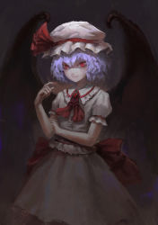 Rule 34 | 1girl, ascot, bad id, bad pixiv id, bat wings, blue hair, bow, brooch, chenyin, dark, fingernails, full body, hand gesture, hand on own elbow, hand up, hat, hat bow, highres, jewelry, long skirt, mob cap, nail polish, pale skin, red eyes, red nails, remilia scarlet, sharp fingernails, shirt, skirt, solo, touhou, white shirt, white skirt, wings
