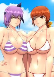 Rule 34 | 2girls, ayane (doa), bikini, breasts, cleavage, cowboy shot, day, dead or alive, halterneck, hand on own hip, highres, kasumi (doa), large breasts, moyashi, multiple girls, outdoors, purple hair, siblings, sisters, stomach, striped bikini, striped clothes, swimsuit