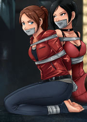 Rule 34 | 2girls, absurdres, ada wong, black hair, blue eyes, bound, bound ankles, bound torso, bound wrists, breasts, brown eyes, brown hair, capcom, choker, claire redfield, cleavage, dress, earrings, gag, gagged, highres, improvised gag, jewelry, legs, lost one zero, medium breasts, multiple girls, red dress, resident evil, resident evil 2, seiza, shirt, shorts, sitting, sweat, tape, tape gag, thighs