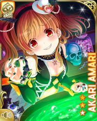 Rule 34 | 1girl, amari akari, black shirt, black thighhighs, black vest, bow, card (medium), cauldron, clenched teeth, closed mouth, corset, cosplay, day, elbow gloves, eyeball, girlfriend (kari), gloves, glowing, headband, holding, indoors, magical girl, midriff, multicolored hair, nail polish, navel, official art, patterned legwear, potion, qp:flapper, red eyes, school, shirt, shoes, skirt, smile, solo, standing, streaked hair, teeth, thighhighs, twintails, vest, white skirt, yellow bow, zettai ryouiki
