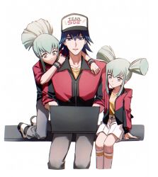 Rule 34 | 1girl, 2boys, age difference, arm around neck, baseball cap, black headwear, black wristband, blue hair, bruno (yu-gi-oh!), commentary, computer, green hair, grey pants, hat, high ponytail, highres, jacket, kneehighs, kneeling, laptop, lua (yu-gi-oh!), luca (yu-gi-oh!), male focus, multiple boys, naoki (2rzmcaizerails6), on lap, pants, red jacket, shirt, short hair, short ponytail, short twintails, shorts, sidelocks, simple background, sitting, socks, twintails, typing, white background, white footwear, white shorts, white socks, yellow eyes, yellow shirt, yu-gi-oh!, yu-gi-oh! 5d&#039;s