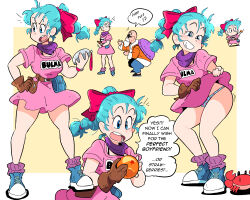 Rule 34 | bald, beard, blue eyes, blue hair, bow, breasts, brown gloves, bulma, character name, clothes lift, dragon ball, dragon ball (classic), dragon ball (object), dragon radar, dress, dress lift, english text, facial hair, flashing, gloves, grin, hair bow, highres, jacket, lifting own clothes, long hair, medium breasts, multiple views, muten roushi, naughty face, old, old man, open mouth, panties, pants, pervert, pink dress, ponytail, red bow, scott malin, shoes, short sleeves, single glove, smile, speech bubble, standing, turtle shell, underwear, watch, wristwatch