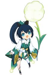 Rule 34 | 1girl, :d, black bow, black footwear, blue eyes, bow, commentary request, dandelion, flower, full body, green sash, hair bow, hair ornament, high ponytail, hotarugusa (onmyoji), japanese clothes, kimono, leaf hair ornament, lets0020, long hair, looking at viewer, obi, onmyoji, open mouth, ponytail, sash, simple background, smile, solo, toeless footwear, white background, white kimono, wide sleeves
