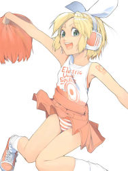 Rule 34 | 1girl, akinbo (hyouka fuyou), blonde hair, blue eyes, bow, cheerleader, hair bow, headset, kagamine rin, panties, pantyshot, petite, pom pom (cheerleading), short hair, solo, striped clothes, striped panties, underwear, vocaloid