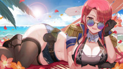 Rule 34 | 1girl, amahara subaru, beach, beach mat, belt, belt pouch, black footwear, black gloves, black shirt, blue-tinted eyewear, blue shorts, braid, breasts, brown thighhighs, cleavage, commission, crop top, cropped jacket, cutoffs, day, denim, denim shorts, detached collar, epaulettes, flower, front-tie top, gloves, gold trim, hand up, head rest, highres, jacket, large breasts, long hair, looking at viewer, looking over eyewear, lying, mary janes, micro shorts, midriff, navel, ocean, on side, open clothes, open jacket, open mouth, original, outdoors, police, police uniform, policewoman, pouch, purple-tinted eyewear, red eyes, red hair, round eyewear, shirt, shoes, short shorts, short sleeves, shorts, sidelocks, sleeveless, sleeveless shirt, smile, solo, stomach, sun, sunglasses, sunlight, thighhighs, thighs, tinted eyewear, uniform, virtual youtuber