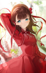 Rule 34 | 1girl, :o, beret, blush, breasts, brown hair, brown hat, capelet, dress, hat, highres, idolmaster, idolmaster cinderella girls, koyo akio, lace-trimmed capelet, lace trim, looking at viewer, medium breasts, neck ribbon, red capelet, red dress, ribbon, sakuma mayu, solo