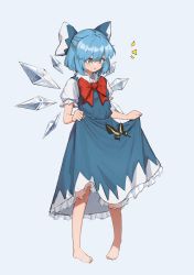Rule 34 | 1girl, absurdres, ao to ao no kegawa no kemono, barefoot, blue background, blue bow, blue dress, blue eyes, blue hair, bow, bowtie, bug, butterfly, butterfly wings, buttons, cirno, collar, collared shirt, dress, full body, hair between eyes, hands up, highres, ice, ice wings, insect, insect wings, looking down, open mouth, puffy short sleeves, puffy sleeves, red bow, red bowtie, shirt, short hair, short sleeves, simple background, solo, standing, touhou, white bow, white shirt, wings