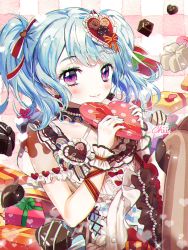 Rule 34 | 1girl, alternate hairstyle, artist name, bang dream!, blue hair, blush, box, brown thighhighs, chocolate, chromatic aberration, dress, frilled sleeves, frills, gift, gift box, hair ornament, hair ribbon, heart, heart-shaped box, heart hair ornament, holding, holding gift, jewelry, light blue hair, looking at viewer, matsubara kanon, necklace, nyaong9, over-kneehighs, pearl necklace, purple eyes, red ribbon, ribbon, see-through, see-through sleeves, short sleeves, sidelocks, smile, solo, sparkle, striped clothes, striped ribbon, striped thighhighs, thighhighs, twintails, valentine, vertical-striped clothes, vertical-striped thighhighs, wrist cuffs, wrist ribbon