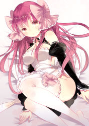 Rule 34 | 1girl, amane (dream c club), bow, breasts, detached sleeves, domotolain, dream c club, dream c club (series), female focus, hair bow, pink hair, red eyes, solo, thighhighs, waitress, white background