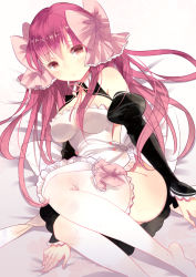 1girl amane_(dream_c_club) bow breasts detached_sleeves domotolain dream_c_club dream_c_club_(series) female_focus hair_bow pink_hair red_eyes solo thighhighs waitress white_background