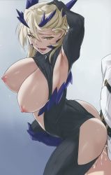 Rule 34 | 1boy, 1girl, armpit cutout, artoria pendragon (fate), artoria pendragon (lancer alter) (fate), ass, black bodysuit, blonde hair, bodysuit, braid, breasts, center opening, clothing cutout, cum, cum on body, cum on lower body, cumdrip, fate/grand order, fate (series), french braid, fujimaru ritsuka (male), hand on head, hetero, highres, horns, large breasts, long hair, long sleeves, nipples, open mouth, revealing clothes, ribbed bodysuit, sex, sidelocks, simple background, third-party edit, white background, yd (orange maru), yellow eyes