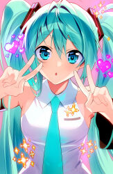 Rule 34 | 1girl, :o, aqua eyes, aqua hair, aqua necktie, black sleeves, collared shirt, commentary, crossed bangs, detached sleeves, double v, hair between eyes, hair ornament, hands up, hatsune miku, heart, highres, long hair, looking at viewer, miku day, murakami yuichi, necktie, parted lips, pink background, shirt, simple background, sleeveless, sleeveless shirt, solo, sparkle, twintails, upper body, v, very long hair, vocaloid, white shirt, wide sleeves