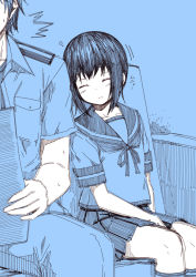 Rule 34 | 10s, 1boy, 1girl, :o, ^^^, admiral (kancolle), arm at side, bench, blue background, blue theme, blush, buttons, closed eyes, collar, comic, couch, fubuki (kancolle), head out of frame, holding, holding paper, indoors, kantai collection, kneehighs, kouji (campus life), leaning to the side, military, military uniform, monochrome, motion lines, naval uniform, paper, parted lips, pleated skirt, pocket, ribbon, school uniform, serafuku, short hair, short sleeves, sitting, sketch, skirt, sleeping, sleeping upright, sleeves pushed up, socks, solo focus, surprised, sweat, sweatdrop, uniform
