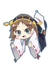 Rule 34 | 10s, 1girl, bare shoulders, blue eyes, blush, brown hair, chibi, detached sleeves, double bun, furataso, hair ornament, hairband, hanging, headgear, hiei (kancolle), japanese clothes, kantai collection, looking at viewer, personification, skirt, solo, white background, wide sleeves