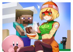 Rule 34 | 1boy, 1girl, arms (game), beanie, block (object), blonde hair, blush, plate, domino mask, eating, eyebrows visible through mask, food, full body, hat, highres, kamaboko, katwo, kirby, knit hat, mask, meat, min min (arms), minecraft, nintendo, noodles, ramen, short hair, shorts, steve (minecraft), super smash bros.