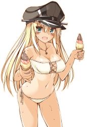 Rule 34 | 10s, 1girl, bikini, bismarck (kancolle), blonde hair, blue eyes, breasts, food, german flag, hat, highres, ice cream, ice cream cone, jewelry, kantai collection, long hair, necklace, ohta yuichi, one-piece tan, open mouth, peaked cap, solo, swimsuit, tan, tanline