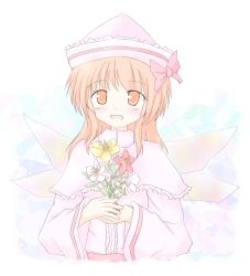 Rule 34 | 1girl, female focus, flower, gradient background, hat, lily white, lzh, pale color, plant, solo, touhou, upper body, white background, wings