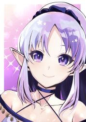 Rule 34 | 1girl, absurdres, bare shoulders, border, choker, closed mouth, collarbone, criss-cross halter, fate/grand order, fate (series), halterneck, highres, light blush, looking at viewer, medea (lily) (fate), pink background, pointy ears, portrait, purple eyes, purple hair, sidelocks, signature, smile, solo, wagu neru, white border