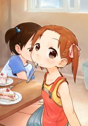 Rule 34 | 2girls, artist name, brown eyes, brown hair, cake, cake slice, child, cream, cream on face, denim, denim skirt, flat chest, food, food on face, fork, fruit, hair bobbles, hair ornament, hair ribbon, ichigo mashimaro, itou chika, looking at viewer, matsuoka miu, mouth hold, multiple girls, orz (orz57), plate, prostration, ribbon, shirt, short hair, short twintails, sitting, skirt, solo focus, strawberry, strawberry shortcake, suspenders, t-shirt, table, tank top, twintails