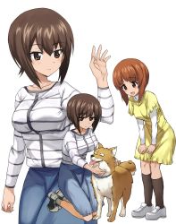 Rule 34 | 10s, 2girls, ashiwara yuu, black footwear, black legwear, blue skirt, blush, casual, cowboy shot, dog, dress, full body, girls und panzer, hands on own knees, headpat, highres, kneeling, layered dress, layered sleeves, leaning forward, light smile, long sleeves, looking at another, multiple girls, multiple views, nishizumi maho, nishizumi miho, official style, open mouth, shirt, shoes, short hair, short over long sleeves, short sleeves, siblings, simple background, sisters, skirt, smile, socks, standing, striped clothes, striped shirt, t-shirt, waving, white background, white footwear, white shirt, yellow dress