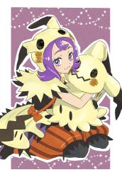 Rule 34 | 1girl, :3, acerola (fall 2020) (pokemon), acerola (pokemon), black gloves, black pantyhose, capelet, closed mouth, commentary request, creatures (company), eyelashes, flipped hair, game freak, gen 7 pokemon, gloves, grey eyes, highres, holding, holding pokemon, hood, hooded capelet, mimikyu, multicolored footwear, nintendo, official alternate costume, orange shorts, pantyhose, pantyhose under shorts, pokemon, pokemon (creature), pokemon masters ex, purple hair, shaaamooojiii, shoes, shorts, smile, striped clothes, striped shorts, themed object, vertical-striped clothes, vertical-striped shorts, waist cape