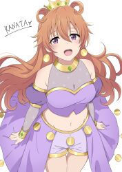 Rule 34 | 1girl, absurdres, bracelet, breasts, butterfly (love live!), character name, cleavage, commentary request, crown, cutout above navel, dress, earrings, from above, hair between eyes, heart, highres, idol, ikesho0612, jewelry, konoe kanata, large breasts, light blush, long hair, looking at viewer, looking up, love live!, love live! nijigasaki high school idol club, midriff, navel, official alternate hairstyle, open mouth, pants, puffy short sleeves, puffy sleeves, purple dress, purple eyes, purple pants, see-through, see-through cleavage, see-through sleeves, short sleeves, shorts, smile, solo, star (symbol), star print, teeth, two side up, upper teeth only, wavy hair, white background