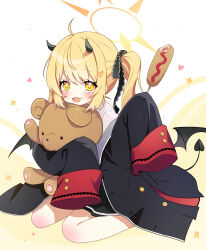 Rule 34 | 1girl, absurdres, ahoge, black coat, black horns, black skirt, black tail, black wings, blonde hair, blue archive, blush, coat, demon horns, demon tail, demon wings, food, food on face, halo, heart, highres, holding, holding food, horns, hot dog, hovaku, ibuki (blue archive), long hair, looking at viewer, open mouth, pleated skirt, shirt, side ponytail, skirt, sleeves past fingers, sleeves past wrists, smile, solo, stuffed animal, stuffed toy, tail, teddy bear, white shirt, wings, yellow eyes, yellow halo