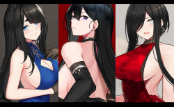 Rule 34 | 3girls, animal ears, backless dress, backless outfit, black hair, blue eyes, blush, breasts, cleavage, cleavage cutout, clothing cutout, dress, earrings, elbow gloves, gloves, grey eyes, hair between eyes, hair over one eye, halterneck, hayabusa (vert 320), jewelry, large breasts, letterboxed, long hair, looking at viewer, medium breasts, mole, mole on breast, mole under eye, multiple girls, open mouth, original, parted bangs, purple eyes, short hair with long locks, sideboob, smile, upper body