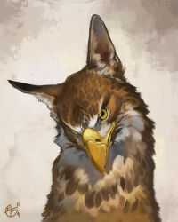 Rule 34 | animal focus, brown background, brown feathers, closed mouth, commentary request, feathers, griffon, looking at viewer, nablange, no humans, original, portrait, signature, solo, yellow eyes