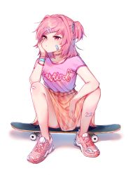 Rule 34 | 1girl, bandaid, bandaid on face, head rest, clothes writing, commentary, doki doki literature club, english commentary, full body, hair ornament, hairclip, looking away, medium hair, natsuki (doki doki literature club), pink hair, pink shirt, red eyes, satchely, shirt, shoes, short sleeves, simple background, sitting, skateboard, skirt, sneakers, solo, white background