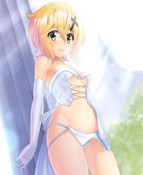 Rule 34 | 1girl, absurdres, akatsuki kirika, blonde hair, blush, breasts, closed mouth, clothing cutout, commentary request, cross-laced clothes, cross-laced cutout, dress, elbow gloves, embarrassed, gloves, green eyes, hair ornament, highres, light rays, lingerie, looking at viewer, medium breasts, navel, nyanmaru, revealing clothes, senki zesshou symphogear, shiny skin, short hair, solo, standing, underwear, wedding dress, white gloves, x hair ornament