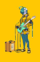 Rule 34 | 1girl, ahoge, amplifier, aqua eyes, aqua hair, aqua pantyhose, black gloves, cable, coat, electric guitar, full body, gloves, guitar, hair over one eye, highres, holding, holding guitar, holding instrument, instrument, long sleeves, original, pale skin, pantyhose, shoes, short hair, simple background, solo, standing, ub1mo, yellow background, yellow coat, yellow footwear
