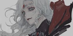 Rule 34 | 1boy, black shirt, blood, blood from mouth, blue eyes, circlet, collared shirt, commentary request, eyeliner, floating hair, gem, grey background, grey hair, identity v, jiz (pffbq), joseph desaulniers, joseph desaulniers (bloody sword), long hair, looking at viewer, makeup, male focus, muted color, red eyeliner, red gemstone, red pupils, shirt, simple background, smile, upper body