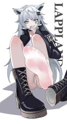 Rule 34 | 1girl, :d, absurdres, animal ears, arknights, black footwear, black gloves, black jacket, black nails, boots, character name, feet, fingerless gloves, full body, gloves, grey eyes, grey hair, grin, he c92, highres, jacket, lappland (arknights), long hair, looking at viewer, nail polish, no shoes, open mouth, panties, pantyhose, scar, scar on face, shadow, simple background, smile, soles, solo, teeth, toes, underwear, white background, white panties, white pantyhose, wolf ears, wolf girl