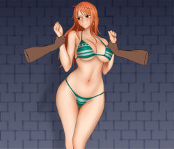 Rule 34 | 1girl, arm grab, bare arms, bare legs, bare shoulders, bikini, bikini bottom only, black eyes, blush, breasts, cleavage, clenched hands, closed mouth, disembodied limb, earrings, embarrassed, groin, jewelry, large breasts, legs, legs together, long hair, looking away, nami (one piece), navel, one piece, orange hair, ponte, solo focus, standing, swimsuit, thigh gap, thighs, thong, wall