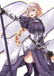 Rule 34 | 1girl, :o, arm at side, armor, banner, battle standard, black capelet, black gloves, black ribbon, black skirt, black thighhighs, blonde hair, blue eyes, braid, breasts, capelet, cleavage, collar, enchuu, fate/grand order, fate (series), faulds, feet out of frame, floating hair, gauntlets, gloves, hair ribbon, headgear, holding, jeanne d&#039;arc (fate), jeanne d&#039;arc (ruler) (fate), large breasts, long hair, long skirt, looking to the side, open mouth, outstretched arm, ribbon, sheath, sheathed, side slit, single braid, skirt, solo, standing, sword, teeth, thighhighs, very long hair, weapon