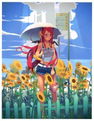 Rule 34 | 1girl, absurdres, bag, bare legs, bare shoulders, blue sky, breasts, cleavage, cloud, day, fence, flower, handbag, handheld game console, highres, huge filesize, jewelry, long hair, medium breasts, midriff, navel, necklace, nintendo ds, original, parasol, red eyes, red hair, scan, see-through, short shorts, shorts, sky, smile, solo, standing, sunflower, sunglasses, sunlight, tank top, umbrella, very long hair, vofan