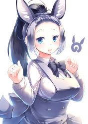 Rule 34 | 10s, 1girl, :d, absurdres, animal ears, black bow, black bowtie, black hair, blue eyes, bow, bowtie, commentary request, donkey (kemono friends), donkey ears, extra ears, forehead, grey hair, hands up, highres, japari symbol, kanzakietc, kemono friends, kemono friends 2, long hair, long sleeves, looking at viewer, multicolored hair, open mouth, ponytail, simple background, smile, solo, two-tone hair, upper body, white background