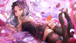 Rule 34 | 1girl, absurdres, black bow, black hair, black nightgown, black panties, black thighhighs, bow, bug, butterfly, butterfly on foot, curtains, dark-skinned female, dark skin, eyelashes, feathers, feet, flower, food, fruit, hair bow, highres, insect, isari sensei, leg ribbon, long hair, lying, mascot, mole, mole under eye, nightgown, nijisanji, nijisanji en, on bed, on stomach, panties, parted lips, pillow, pink flower, pink ribbon, pink rose, red bow, red eyes, red flower, red rose, ribbon, rose, scarle yonaguni, scarle yonaguni (3rd costume), scarling (scarle yonaguni), second-party source, sleepwear, star (symbol), strap slip, strawberry, streamers, thighhighs, toes, underwear, virtual youtuber, white feathers, window