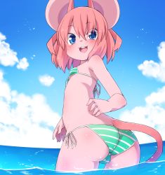 Rule 34 | 1girl, animal ears, ass, bikini, blue eyes, blush, breasts, cloud, day, fat mons, from behind, furry, furry female, highres, looking back, mouse ears, mouse girl (yuuki (yuyuki000)), mouse tail, ocean, open mouth, original, outdoors, pink hair, short hair, side-tie bikini bottom, sky, small breasts, smile, solo, striped bikini, striped clothes, swimsuit, tail, trefoil, wading, water, yuuki (yuyuki000)