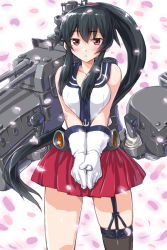 Rule 34 | 10s, 1girl, :&lt;, backpack, bag, black hair, breasts, cannon, dd (ijigendd), gloves, kantai collection, large breasts, looking at viewer, machinery, miniskirt, personification, ponytail, red eyes, school uniform, serafuku, sidelocks, single thighhigh, skirt, solo, thighhighs, white gloves, yahagi (kancolle)