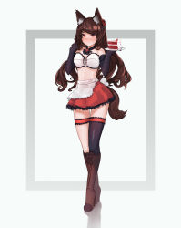 Rule 34 | 1girl, adapted costume, animal ears, apron, asymmetrical legwear, bare shoulders, bikini, black gloves, black ribbon, black thighhighs, blush, boots, brooch, brown footwear, brown hair, cake, choker, closed mouth, cross-laced footwear, ehrrr, elbow gloves, flower, food, frilled skirt, frills, full body, gloves, hair flower, hair ornament, high heel boots, high heels, highres, holding, holding tray, imaizumi kagerou, jewelry, knee boots, lace-up boots, long hair, looking at viewer, midriff, miniskirt, navel, nose blush, red eyes, red skirt, ribbon, ribbon choker, single thighhigh, skirt, solo, standing, stomach, swept bangs, swimsuit, tail, thigh gap, thigh strap, thighhighs, touhou, tray, uneven legwear, waist apron, wavy hair, wolf ears, wolf girl, wolf tail