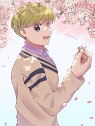 Rule 34 | 1boy, :d, alternate costume, blonde hair, cherry blossoms, hanami, highres, hunter x hunter, long sleeves, looking at viewer, male focus, open mouth, shalnark, short hair, smile, solo, tree shade, ultimate gouda (gouda011), upper body